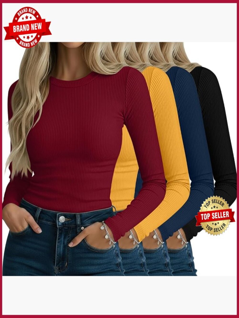 4 Pack Ribbed Long Sleeve Crew Neck Tops - Slim Fit Stretch Knit Shirts